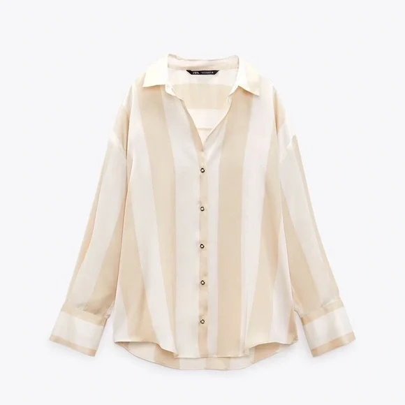 ZARA SATIN OVERSIZED Striped Flowy V-Ndck Button Up SHIRT SAND BEIGE 2562/162 - Picture 1 of 13